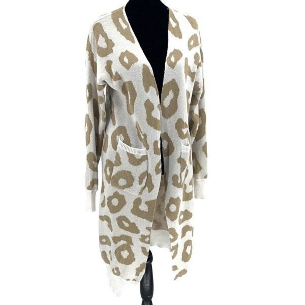 Vestidos Womens‎ Animal Print Open Front Pocket Long Line Cardigan Tan Medium - Picture 2 of 10